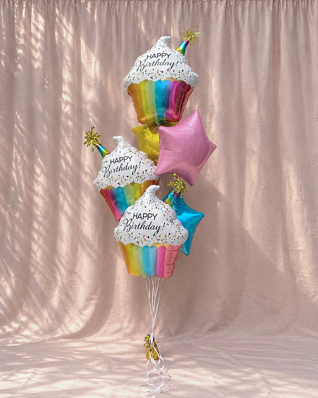 Cupcake Happy Birthday Foil Balloon Bouquet With 4 Stars With Weight