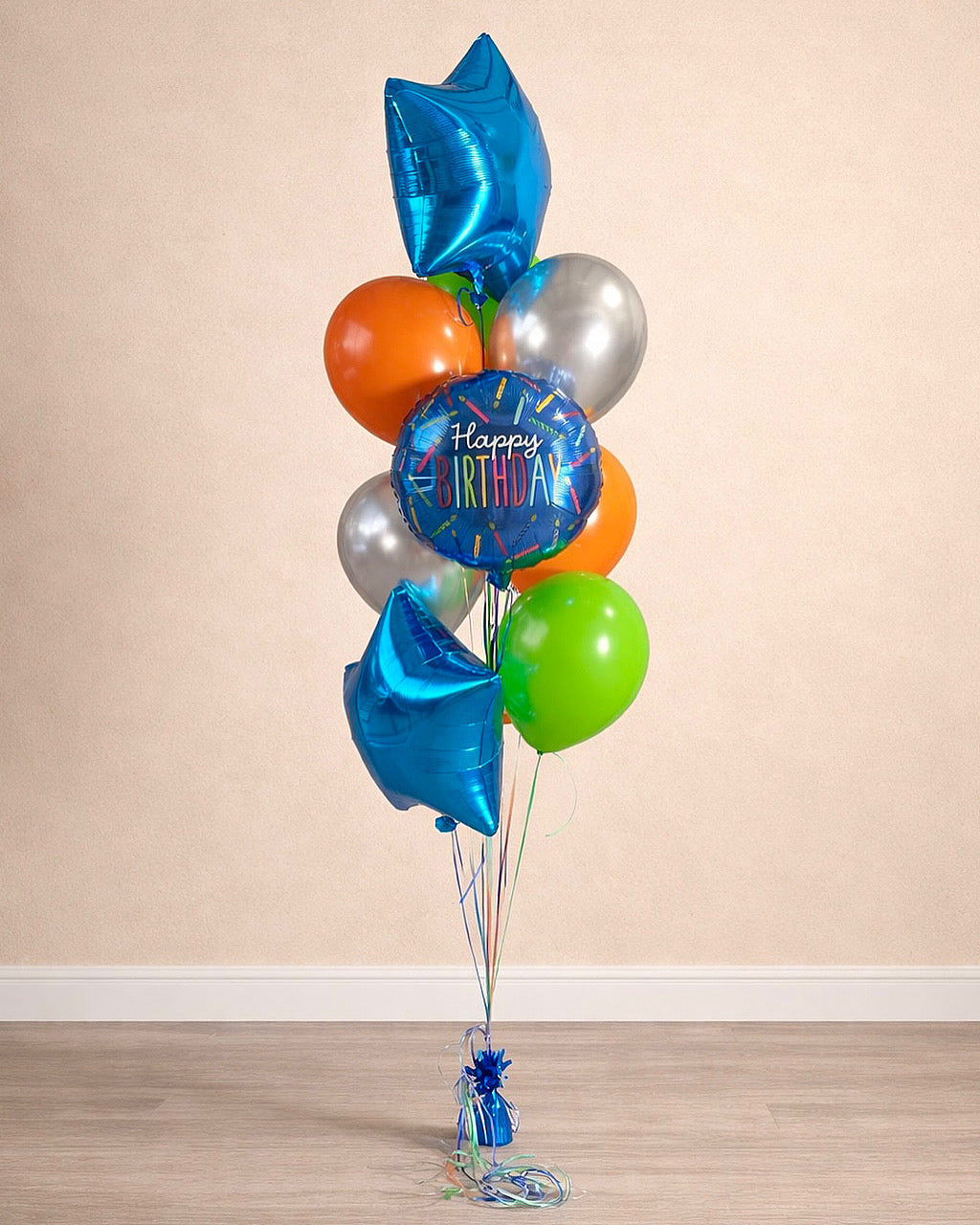 Navy Blue Orange and Green Happy Birthday Balloon Bouquet With Weight