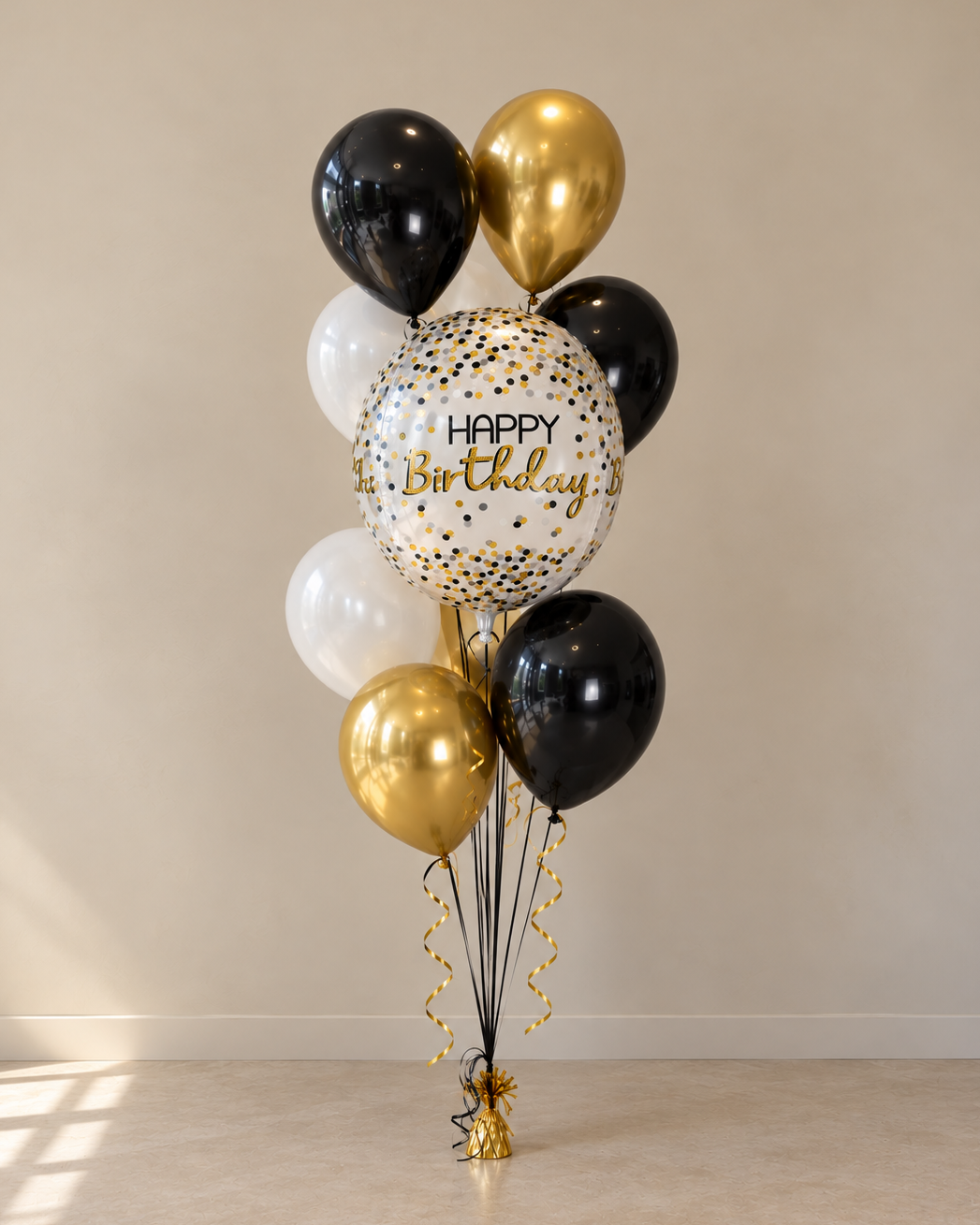 White, Gold And Black 8 Balloon Bouquet With Helium And Weight