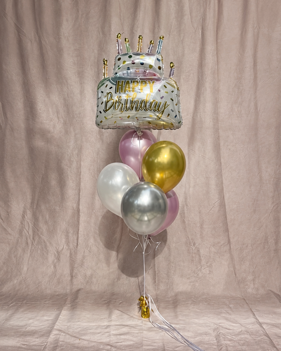 Giant Birthday Cake Rainbow Pastel Colors 5 Balloon Bouquet With Helium