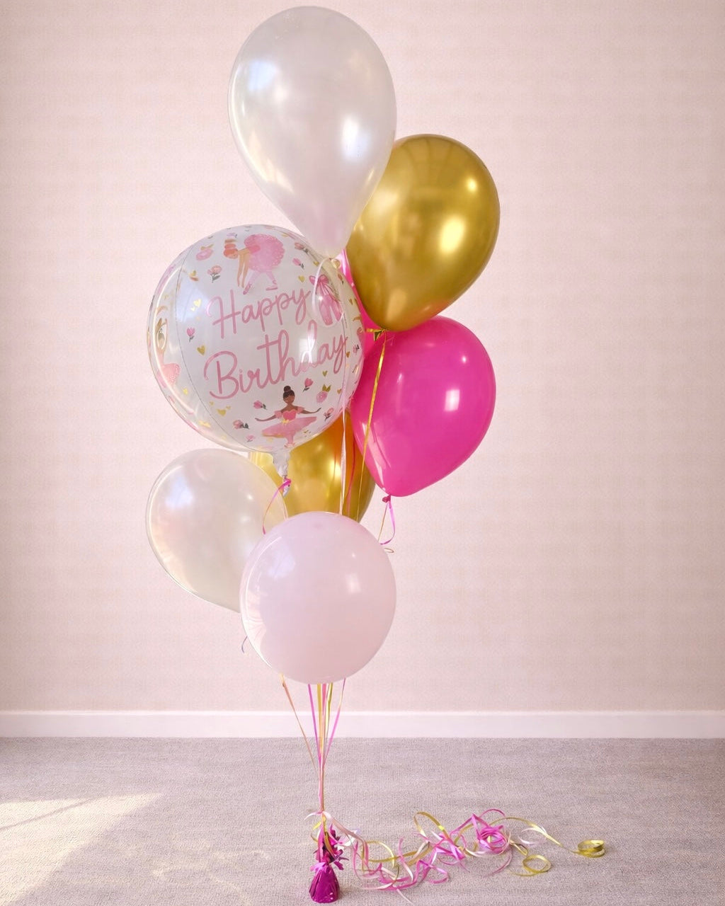 Hot Pink And Gold Ballerina 8 Balloon Bouquet With Helium