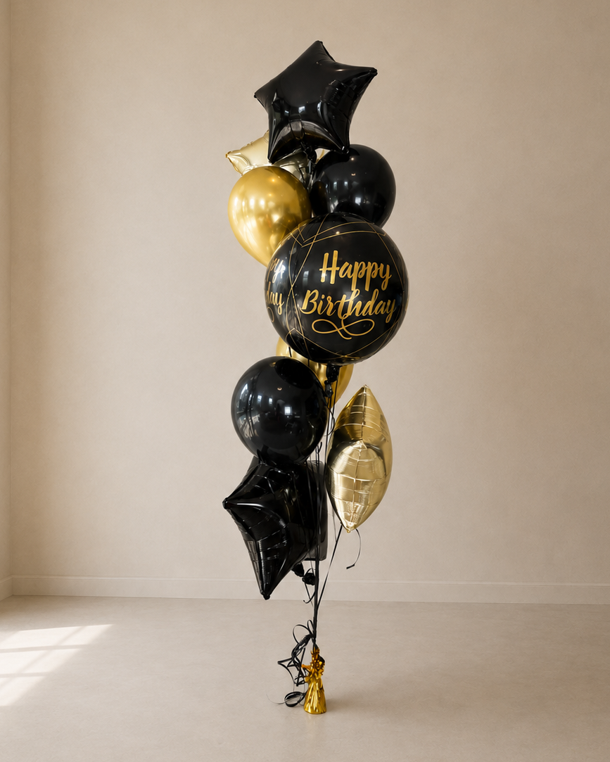 Black Gold and Stars Happy Birthday Helium Balloon Bouquet With Weight