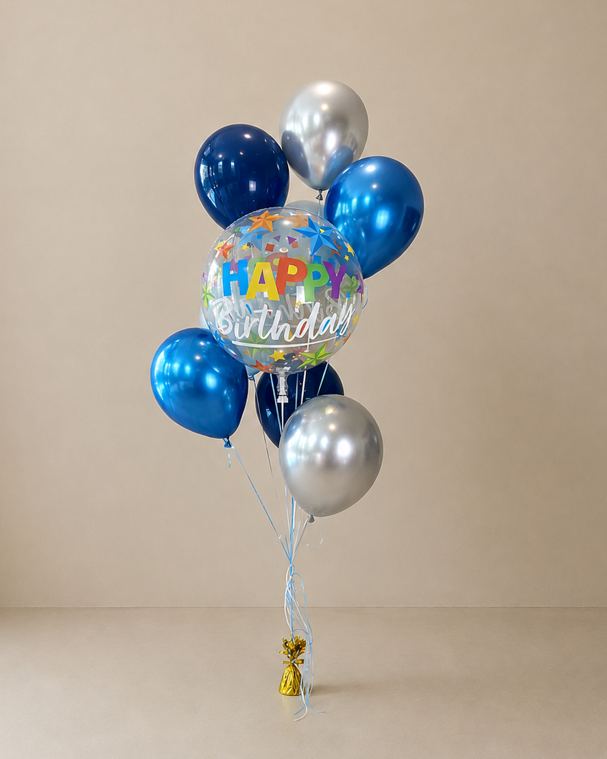 Giant Happy Birthday Clear Helium Balloon Bouquet With Blue and Silver Balloons And Weight