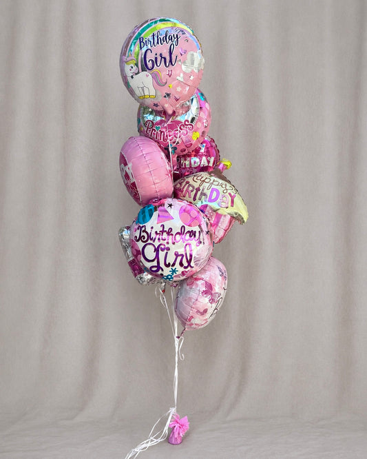 Happpy Birthday Pink Mixed Mylar 8 Balloon Bouquet With Weight