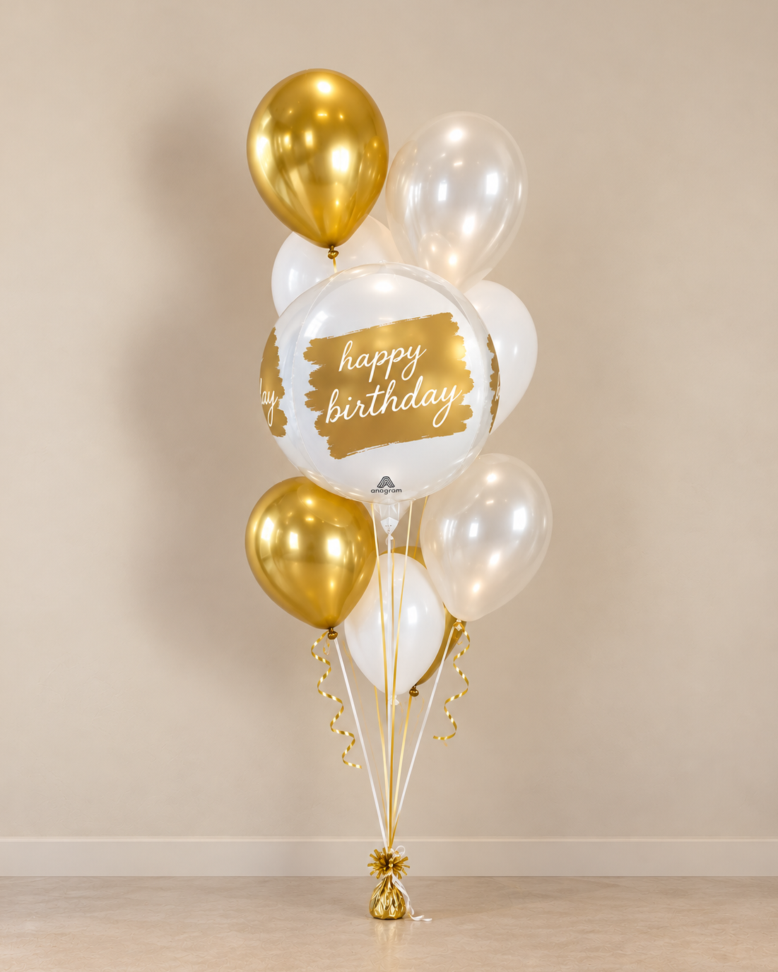White And Gold 8 Balloon Bouquet With Helium And Weight