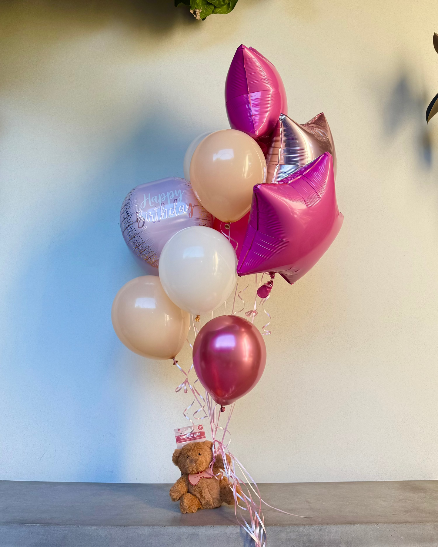 Teddy Bear Pink Nude and Rose Gold Happy Birthday Balloon Bouquet With Stars Gift