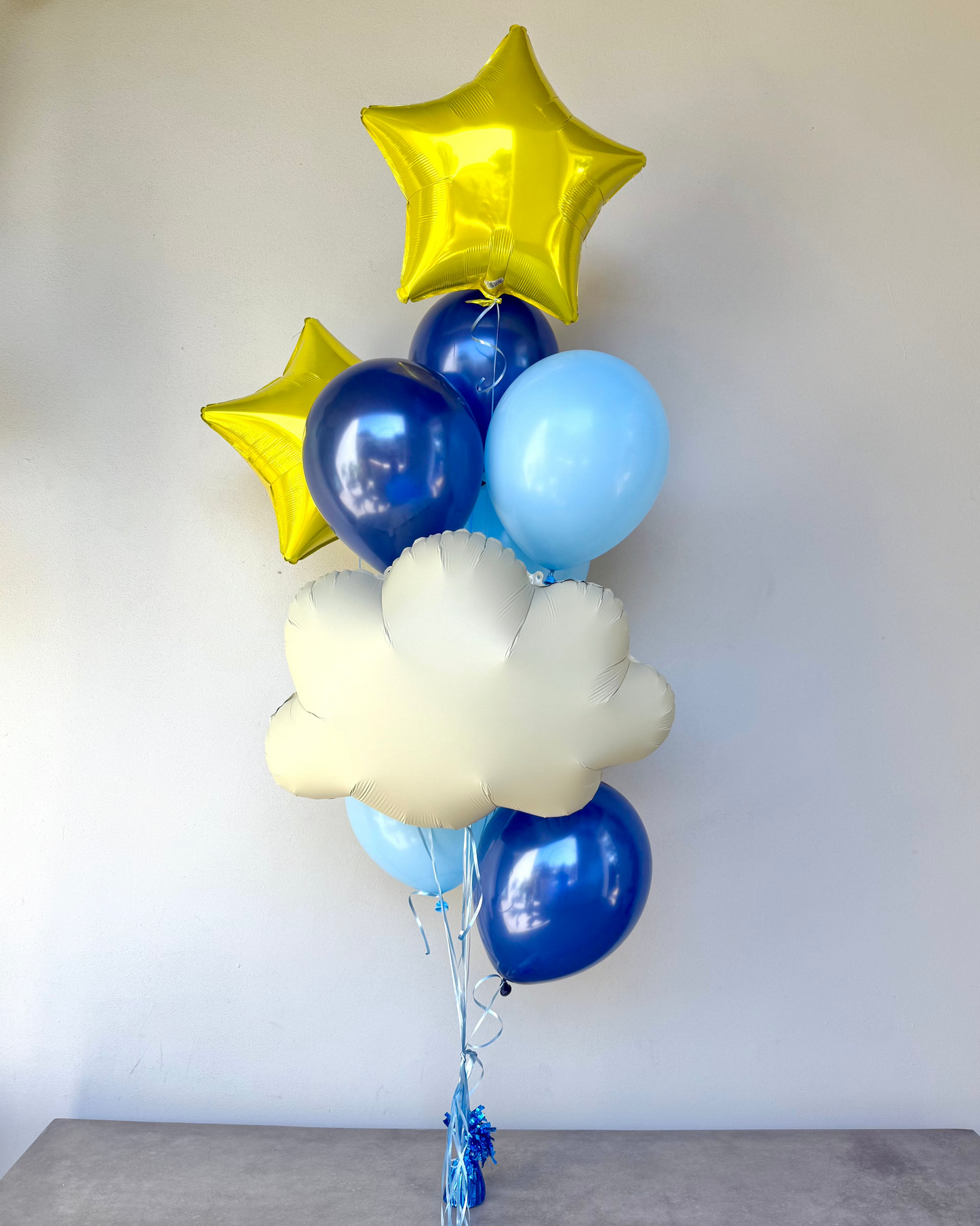 Stars and Cloud Blue White and Yellow Helium Balloon Bouquet With Weight