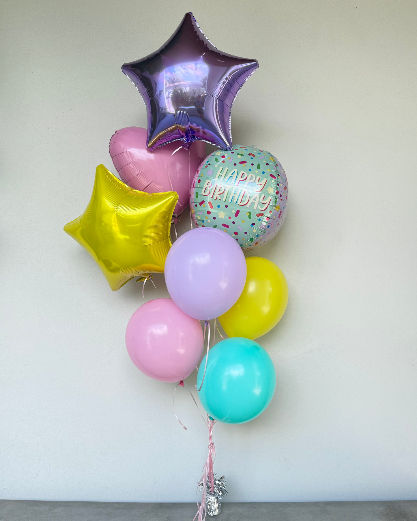 Candy Color Lilac Yellow and Teal Happy Birthday Balloon Bouquet with Stars