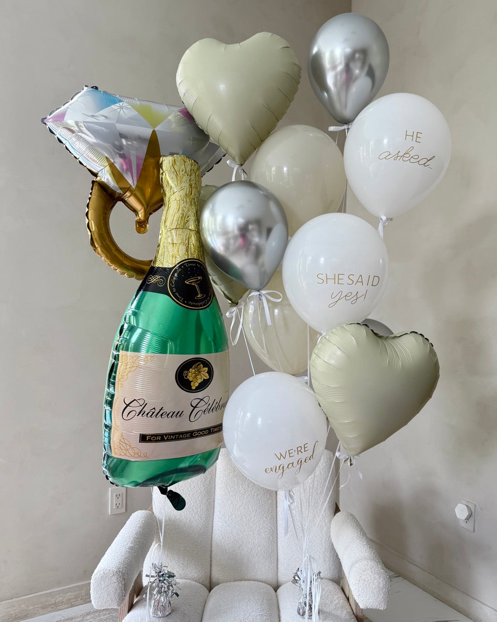 We're Engaged Balloon Bouquet With Engagement Ring Champagne Bottle Heart Balloons Helium and Weight