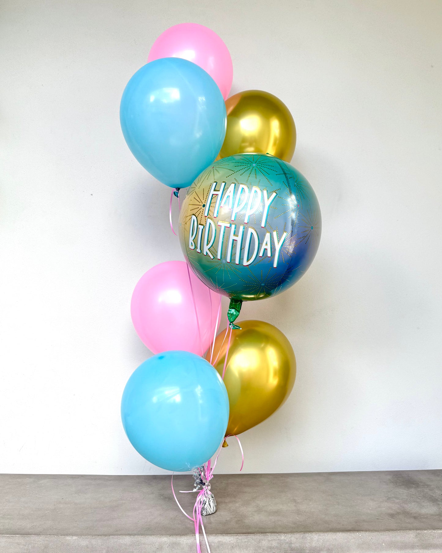 Teal Gold and Pink Happy Birthday 6 Helium Balloon Bouquet