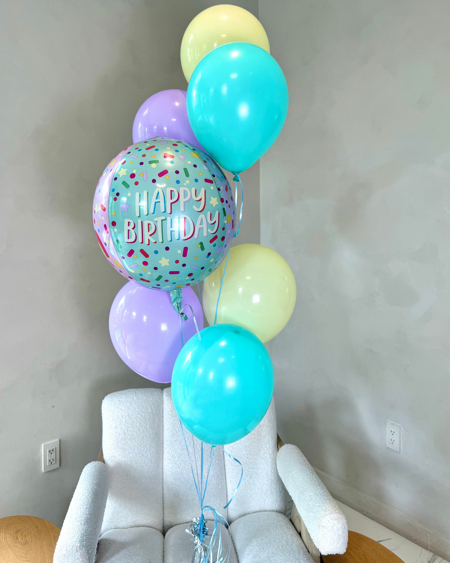 Pastel Colors Yellow Teal and Purple Happy Birthday 6 Helium Balloon Bouquet With Weight