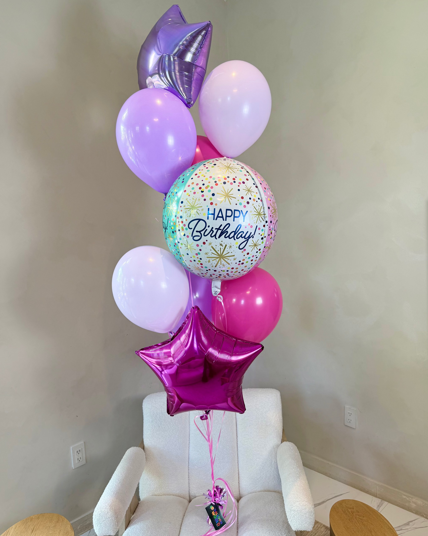 Purple and Pink Happy Birthday 6 Helium Balloon Bouquet with Stars