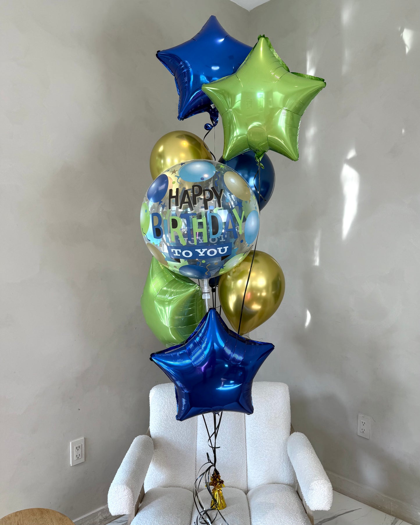 Green Gold and Blue Stars Happy Birthday Helium Balloon Bouquet With Weight