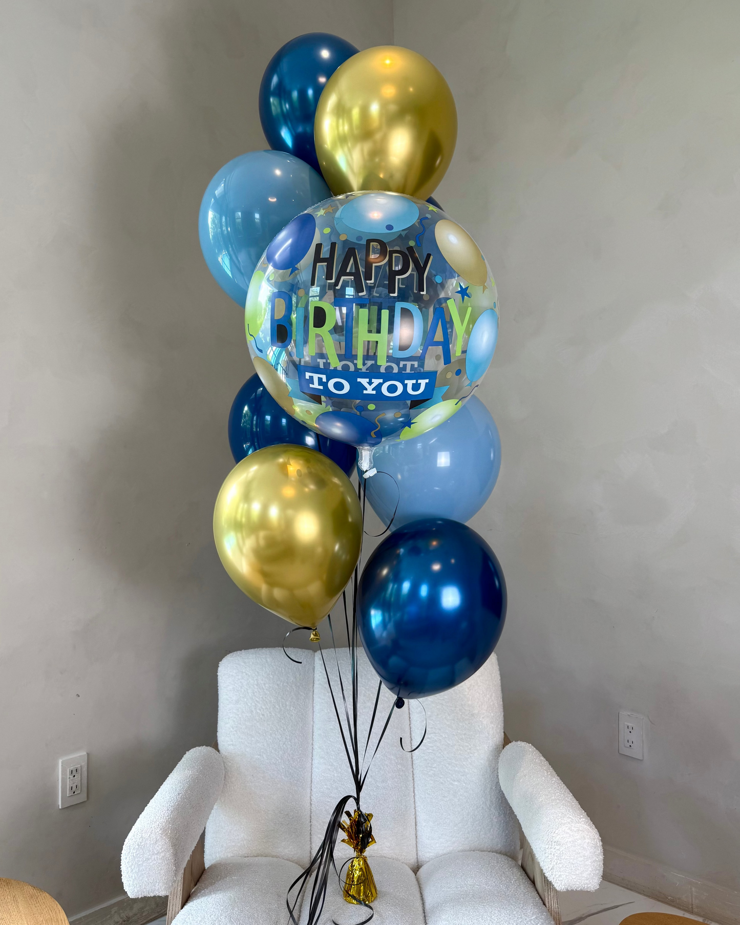 Giant Clear Happy Birthday Helium Balloon Bouquet With Navy Blue and Gold Balloons With Weight