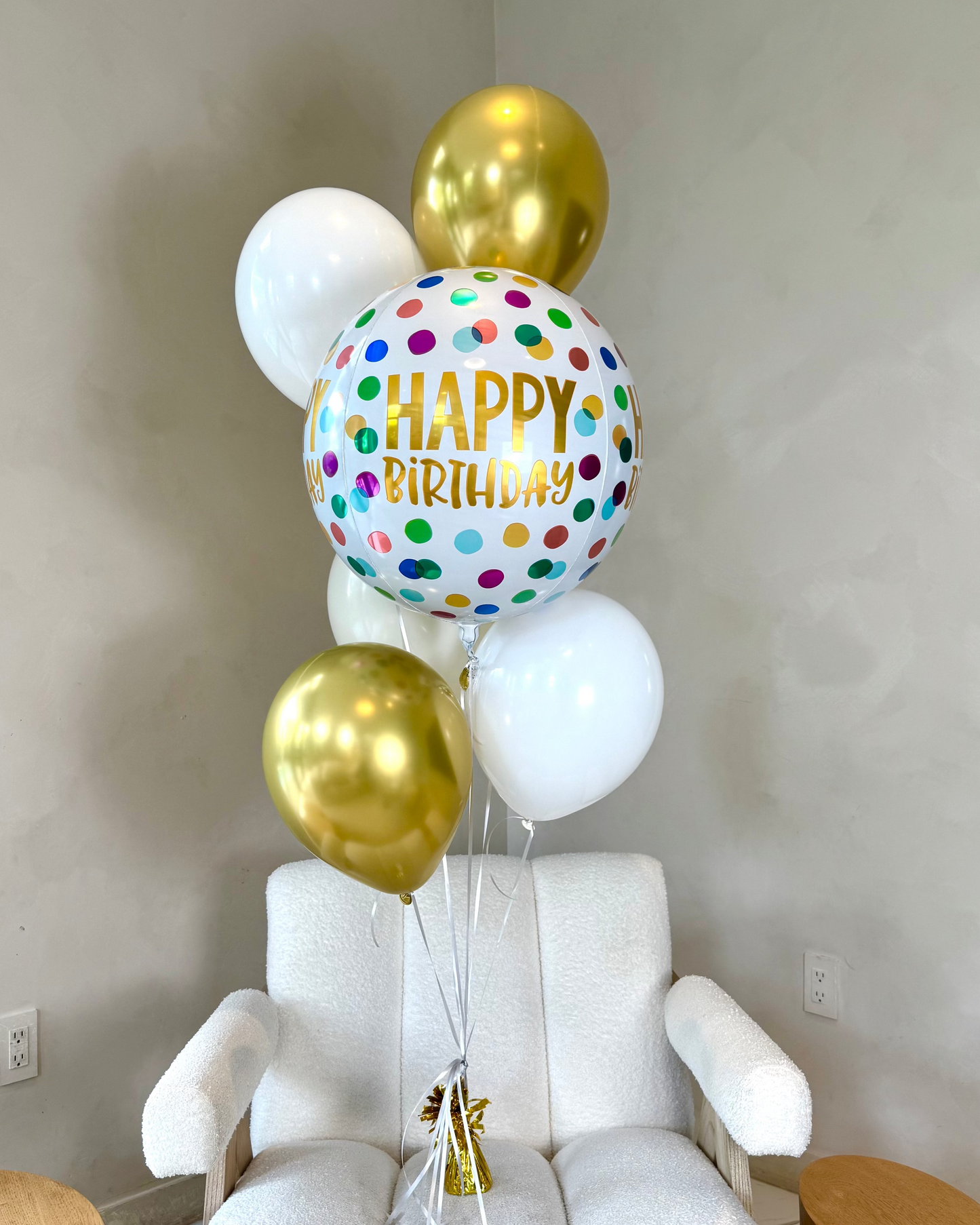 Multicolored Dots Happy Birthday Orbz Balloon With 6 Gold White and Beige Helium Balloons Bouquet With Weight