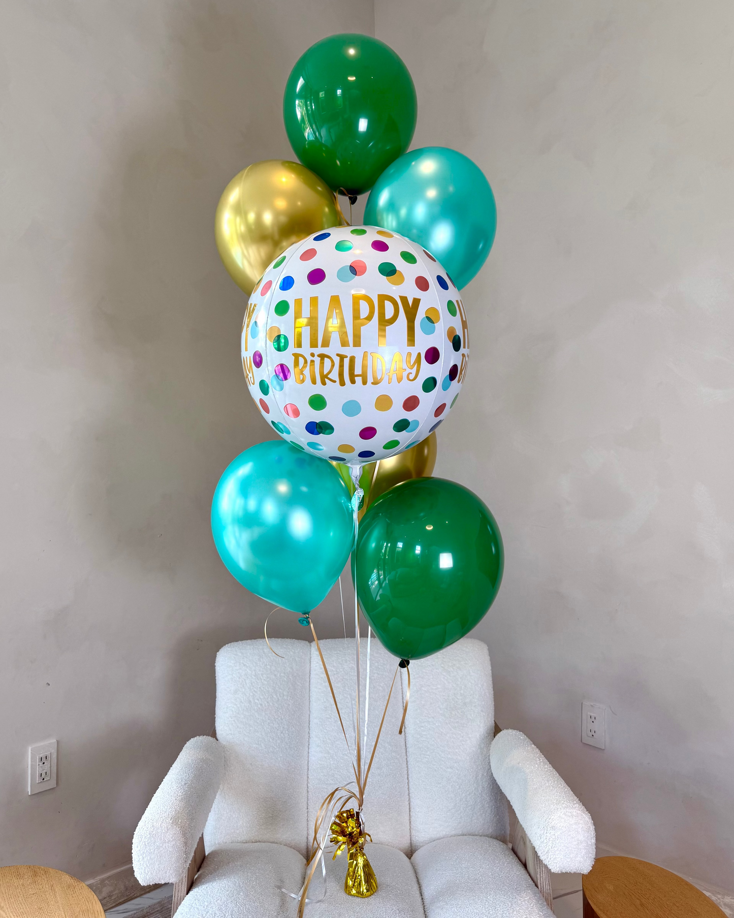 Multicolored Dots Orbz Happy Birthday Balloon With 6 Green and Gold Helium Balloons Bouquet With Weight
