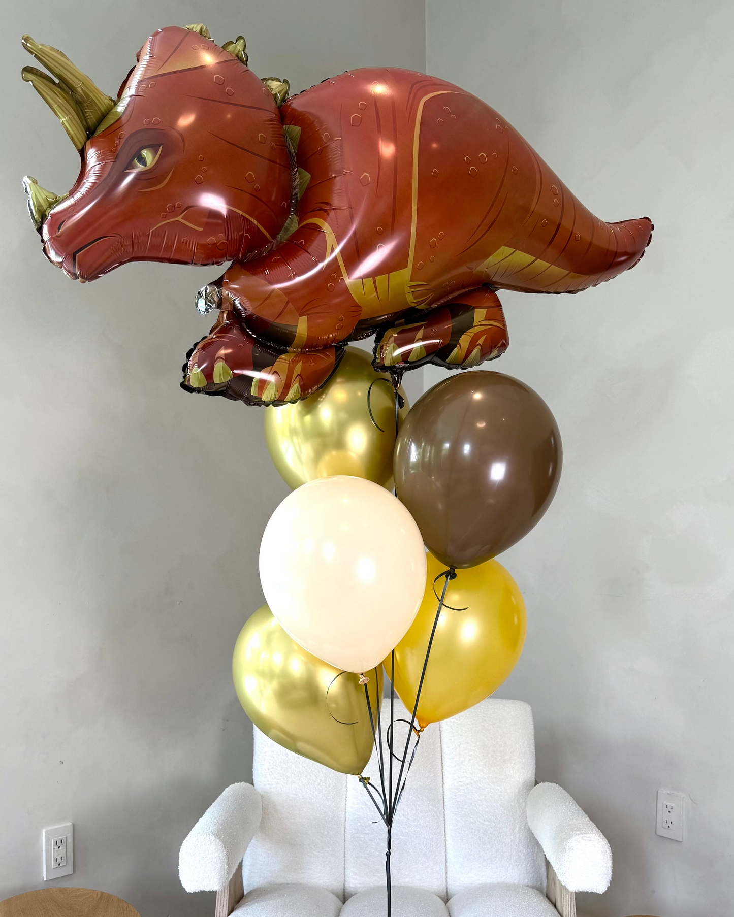 Triceratops Giant Dinosaur With 5 Gold Brown and Beige Helium Balloons Bouquet