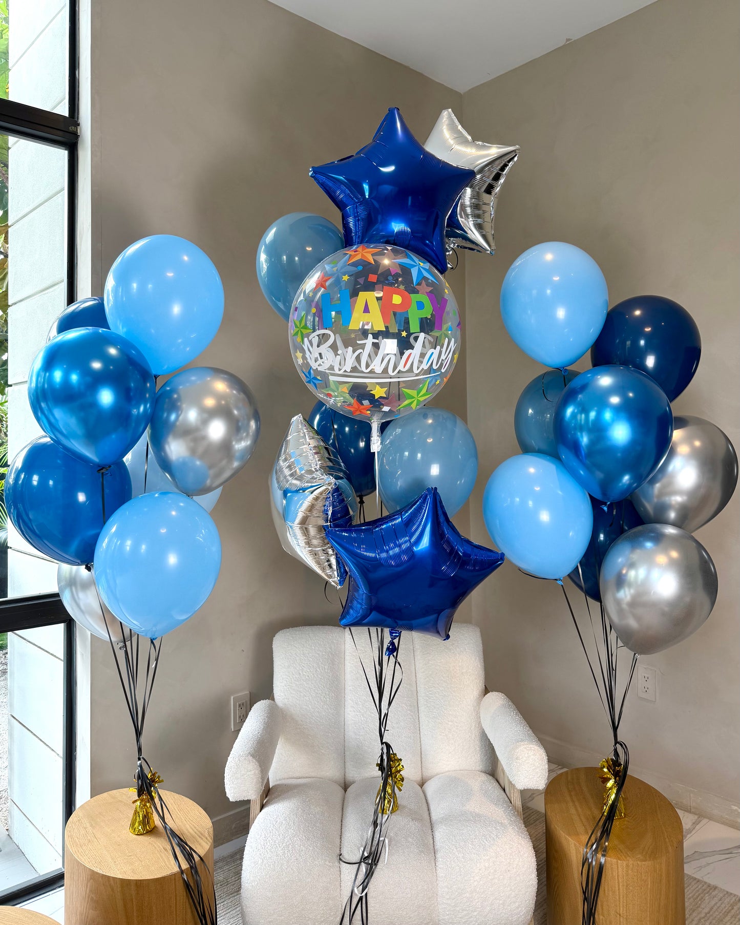 Mixed Blues Happy Birthday Bubble Balloon Bouquets With Helium And Weights