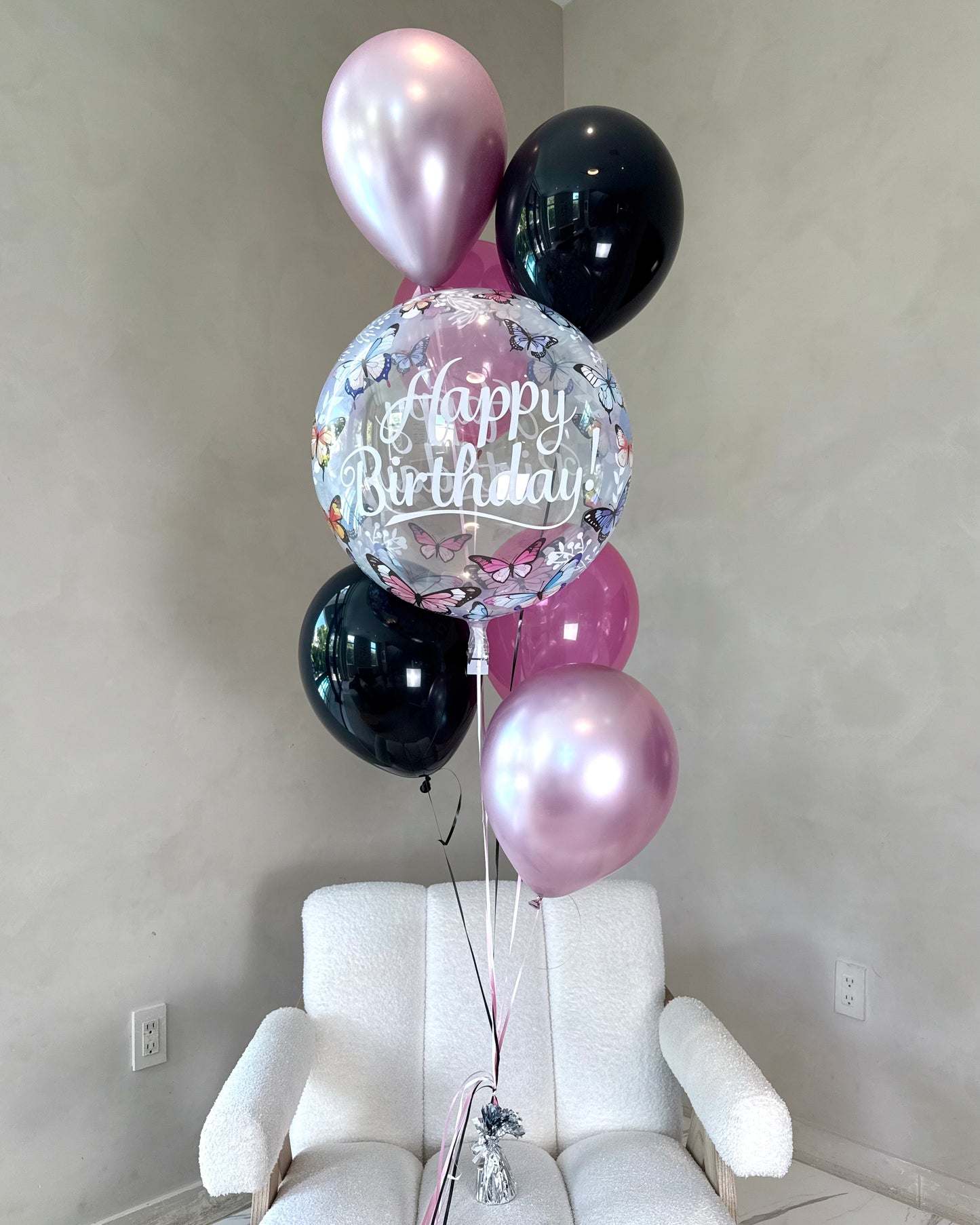 Giant Clear Butterfly Happy Birthday Helium 6 Balloon Bouquet With Metallic Pink And Black Balloons