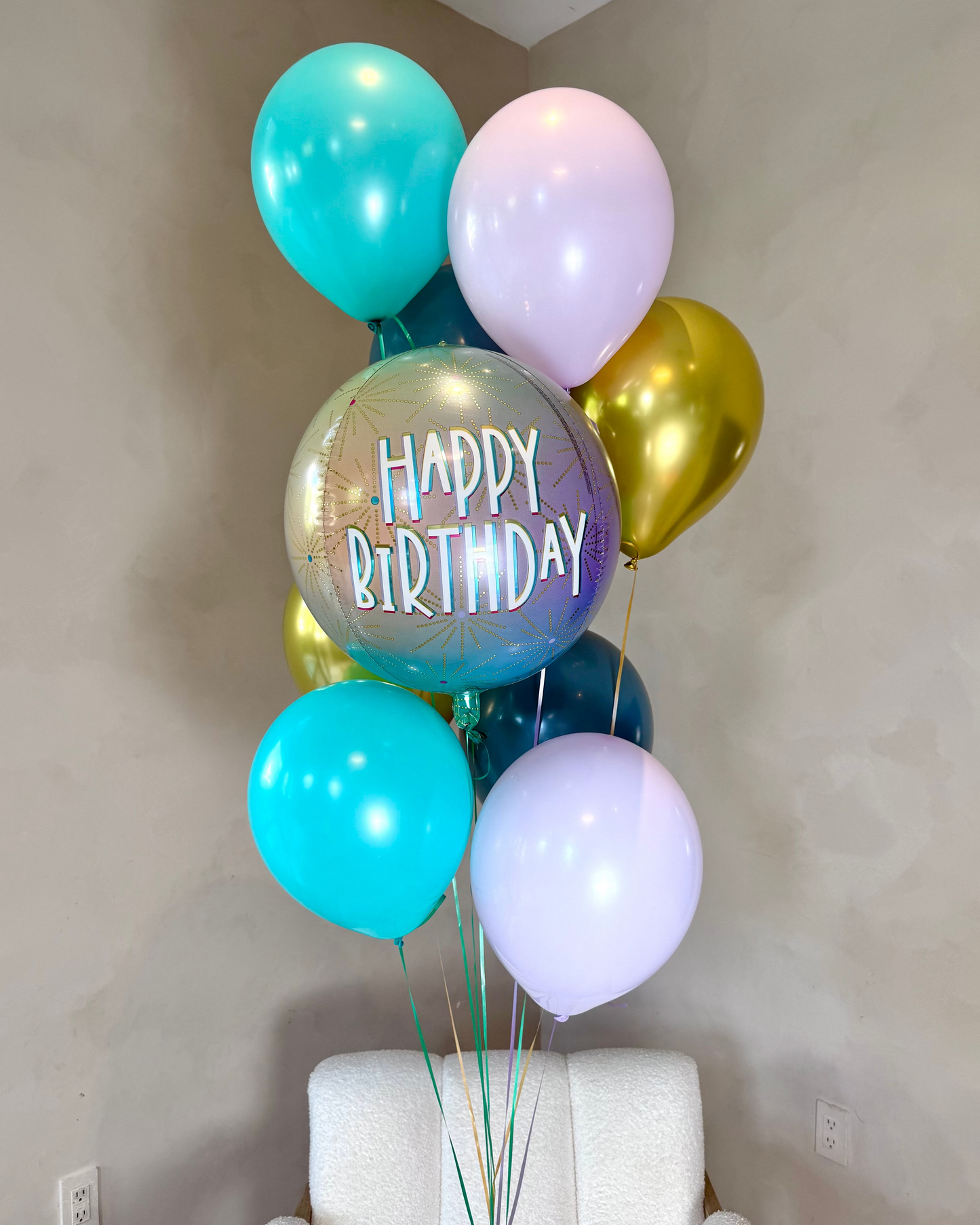 Teal, Gold and Lilac Happy Birthday 8 Helium Balloon Bouquet With Weight