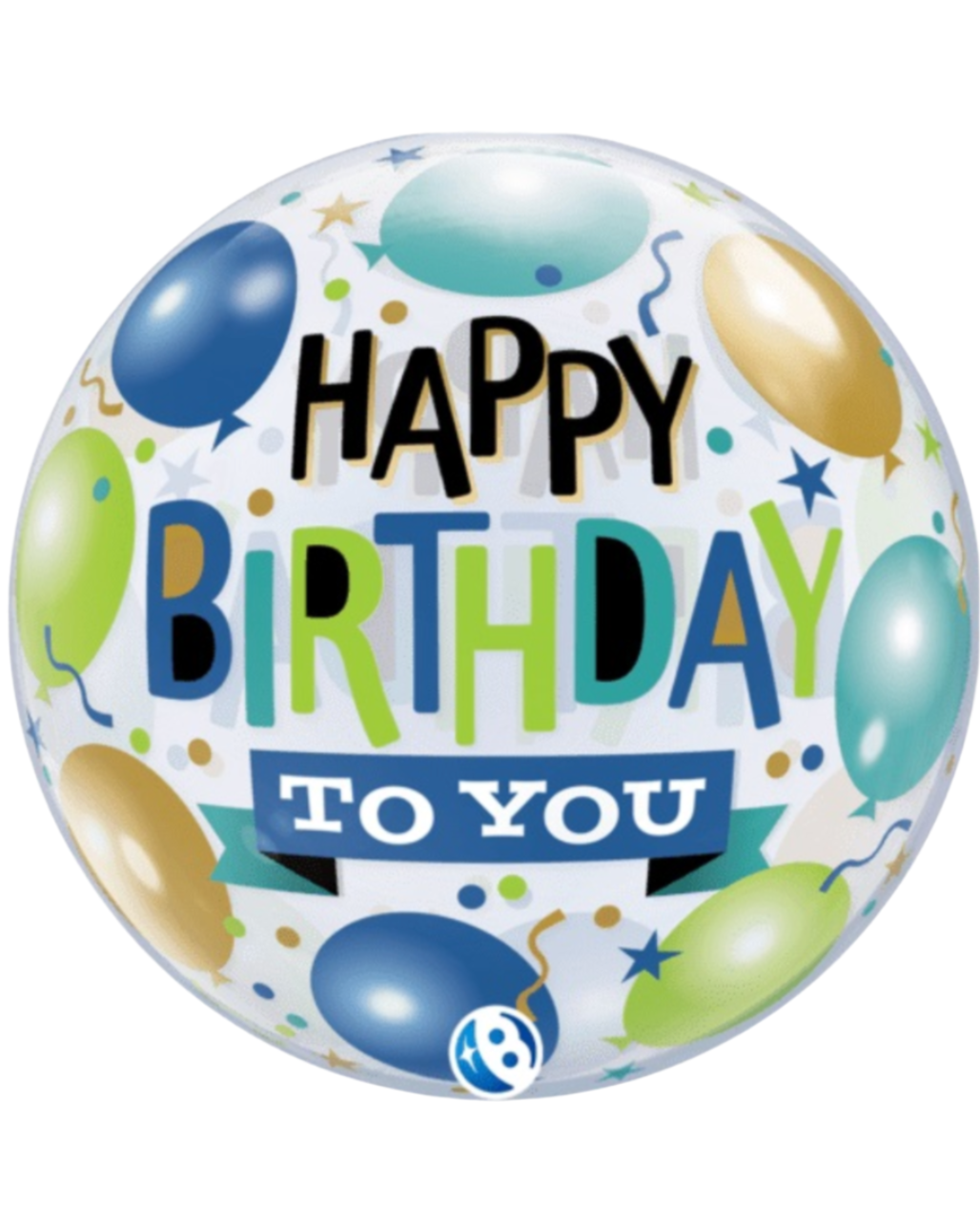 Happy Birthday 24" Green Blue and Gold Clear Bubble Balloon With Helium