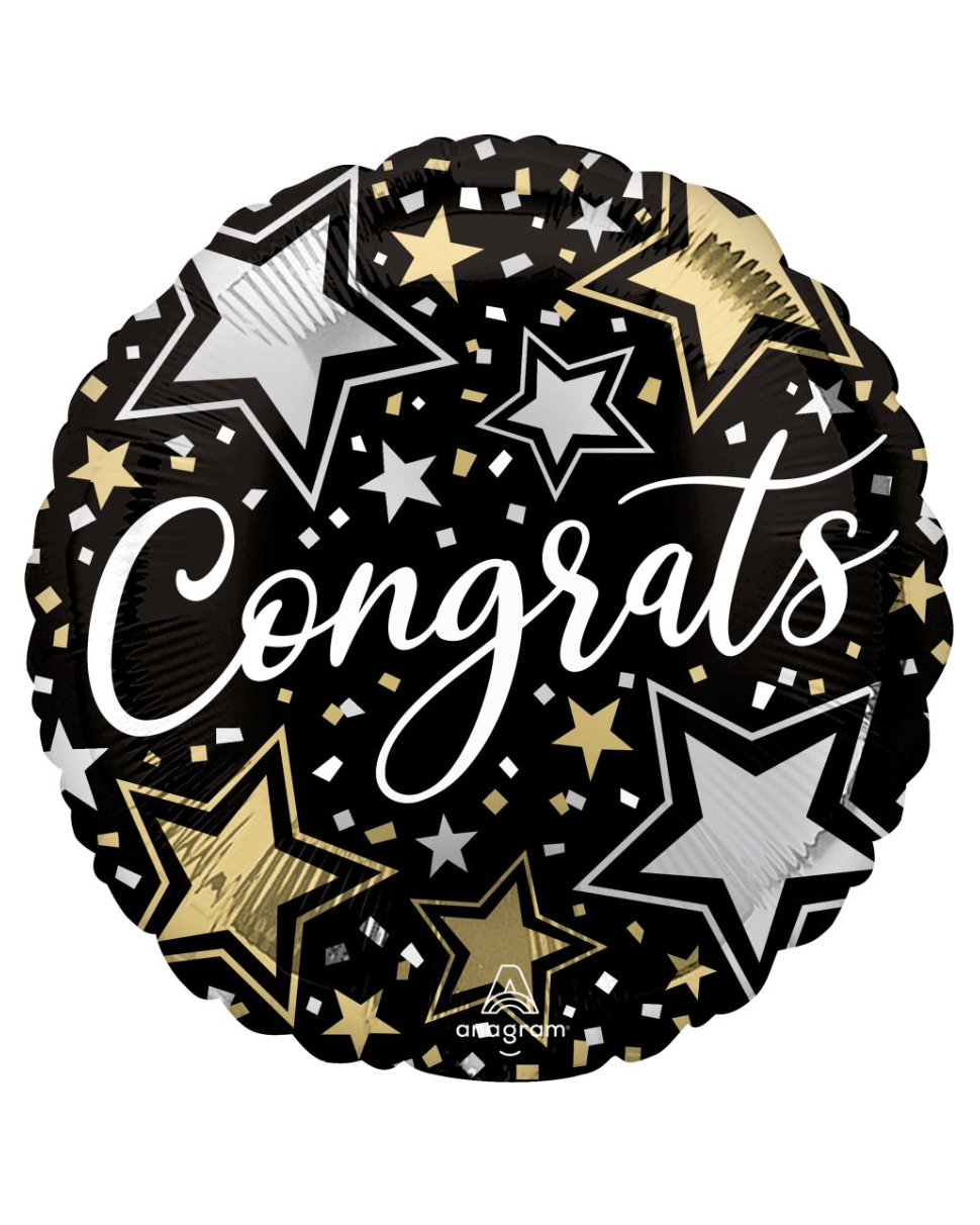 Congrats 18" Black Gold Silver Balloon With Helium