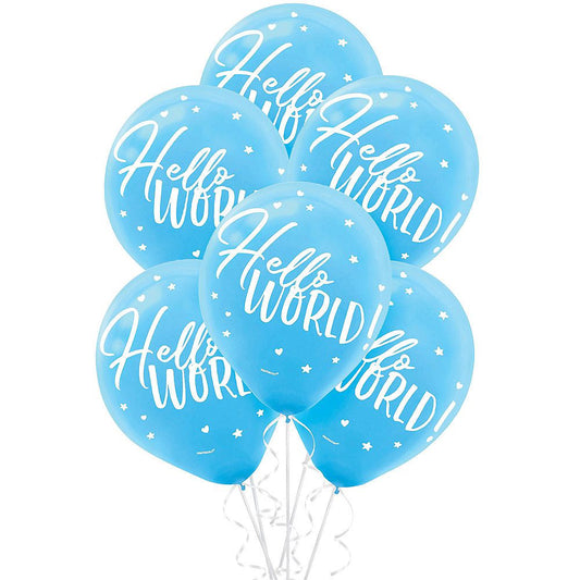 Hello World It's A Boy Welcome Baby Shower Blue 12" Latex Balloon With Helium