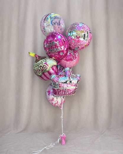 Happpy Birthday Pink Mixed Mylar 8 Balloon Bouquet With Weight