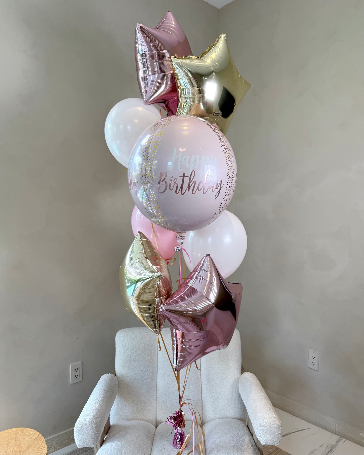 Baby Pink and Rose Gold Happy Birthday Helium Balloon Bouquet With Weight
