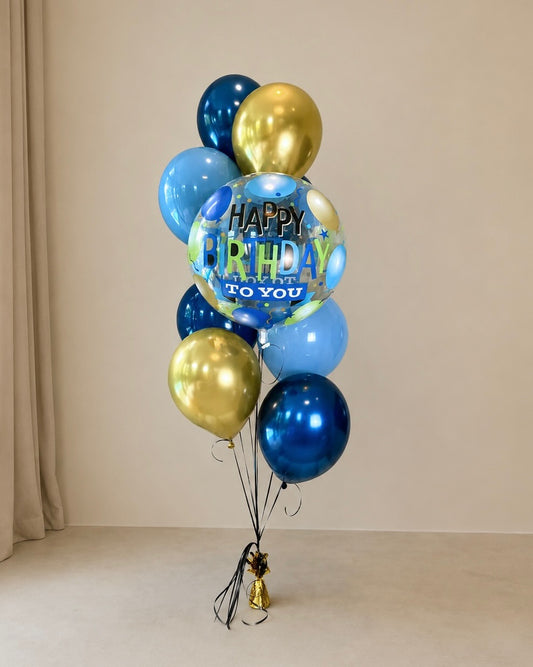 Giant Clear Happy Birthday Helium Balloon Bouquet With Navy Blue and Gold Balloons With Weight