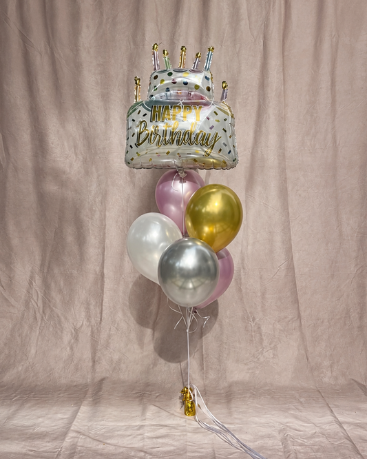 Giant Birthday Cake Rainbow Pastel Colors 5 Balloon Bouquet With Helium