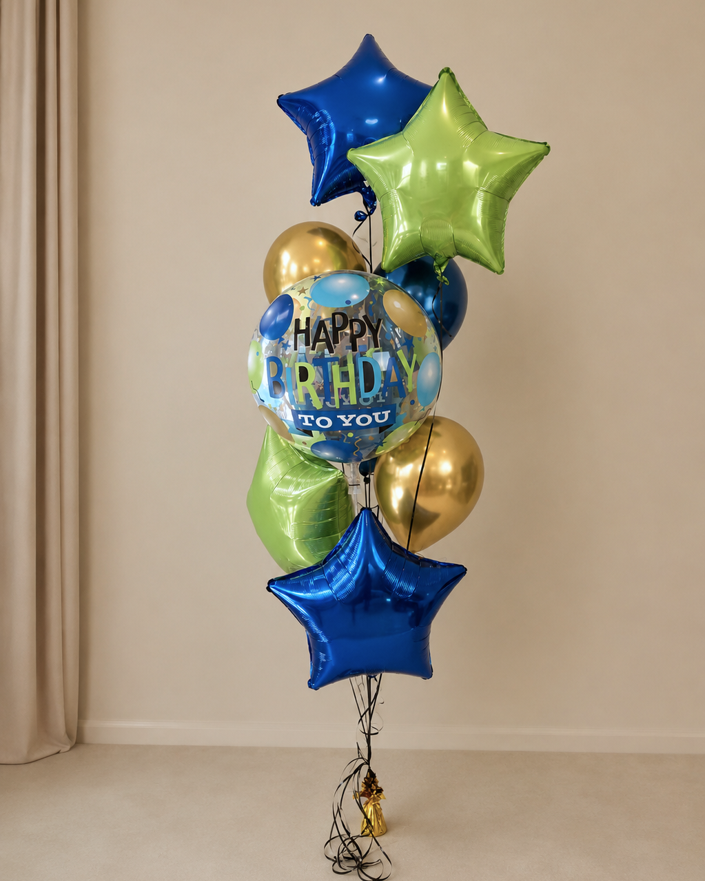 Green Gold and Blue Stars Happy Birthday Helium Balloon Bouquet With Weight
