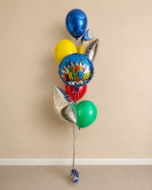 Blue And Colorful Happy Birthday Balloon Bouquet With Helium