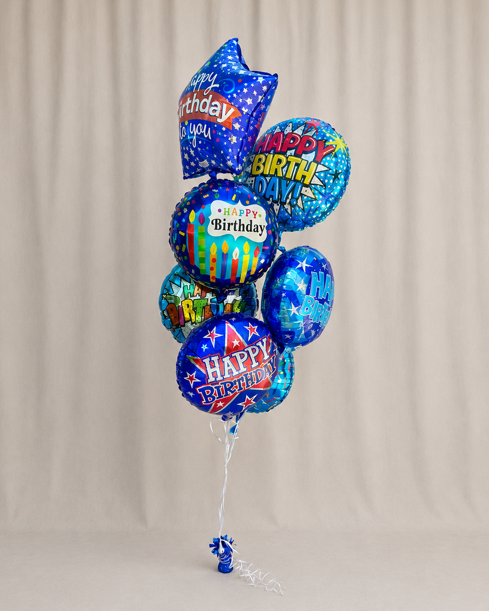 Happy Birthday Blue Mixed Mylar 8 Balloon Bouquet With Weight