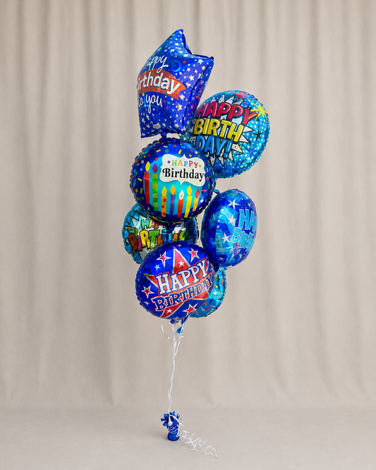 Happy Birthday Blue Mixed Mylar 8 Balloon Bouquet With Weight