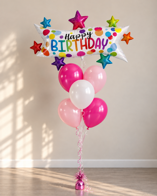 XXL Happy Birthday Pink Banner Balloon Bouquet With Helium