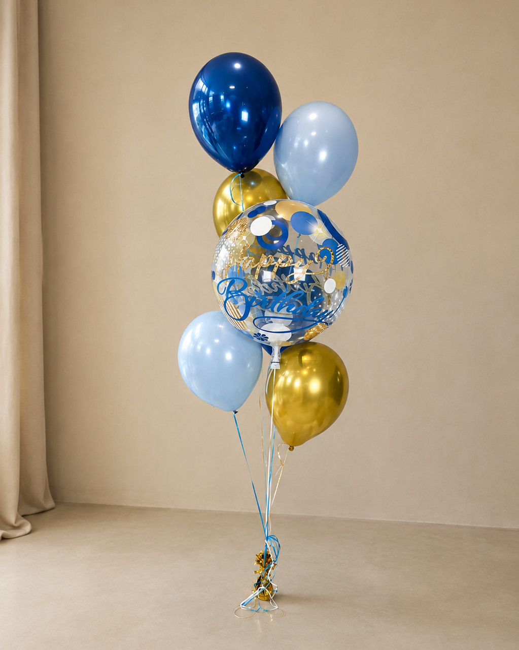 Giant Bubble Balloon Happy Birthday Bouquet With 6 Blue and Gold Balloons With Weight