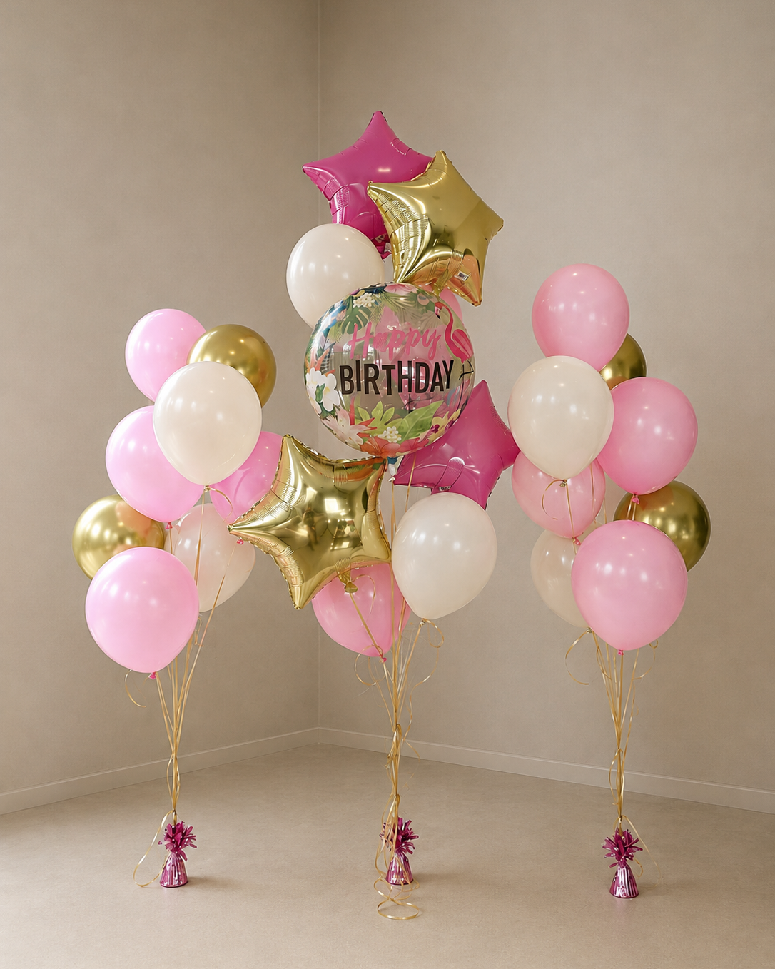 Pink And Gold Stars Happy Birthday Flamingo Bubble Helium Balloon Bouquets With Weights