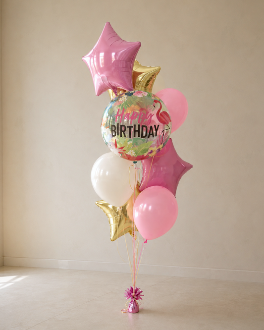 Giant Flamingo Beige and Pink Happy Birthday Balloon Bouquet With Stars