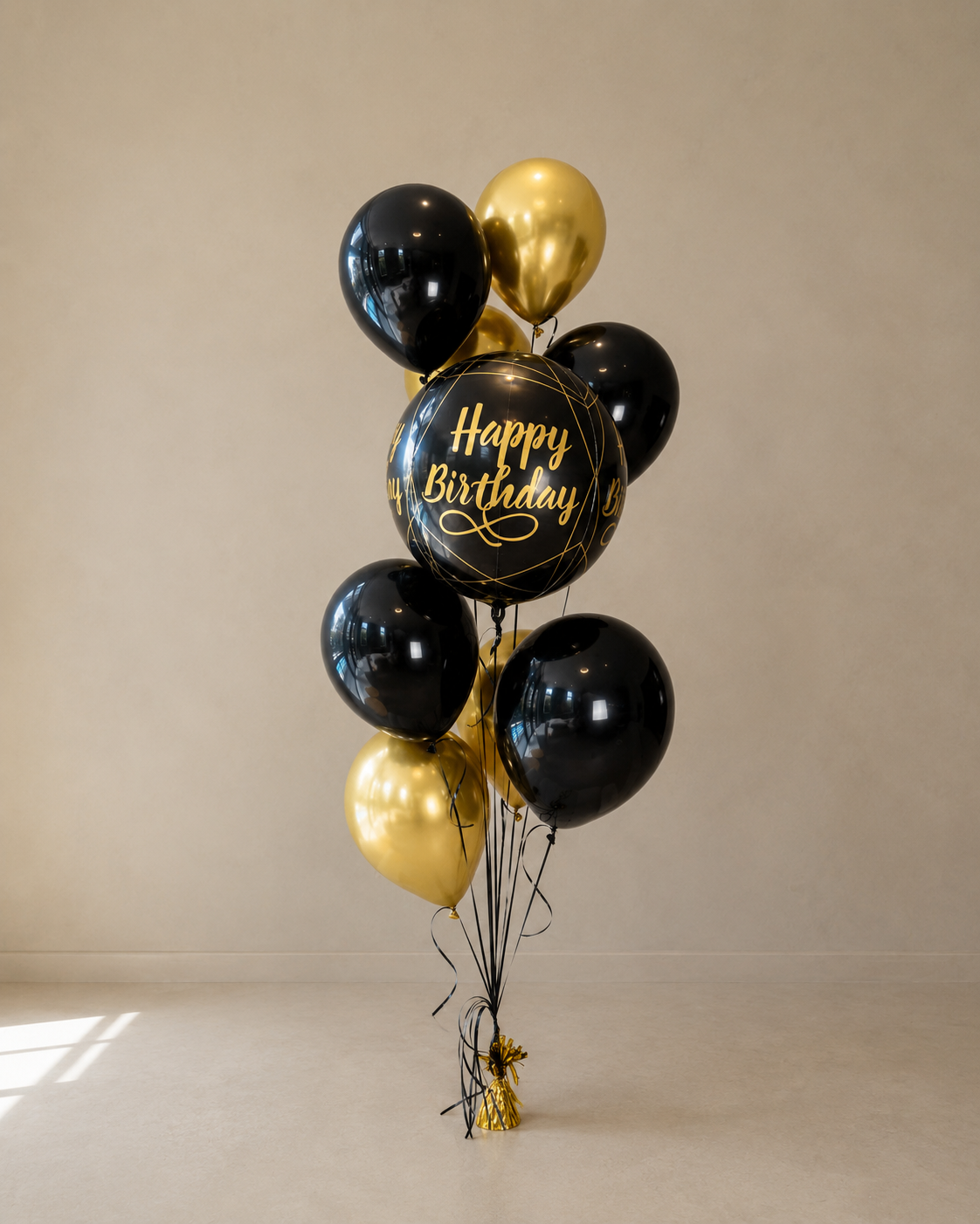 Black and Gold Happy Birthday 9 Balloon Bouquet With Helium and Weight