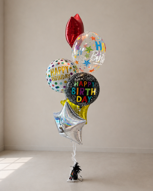 Mixed Mylar And Bubble Happy Birthday 6 Balloon Bouquet With Helium