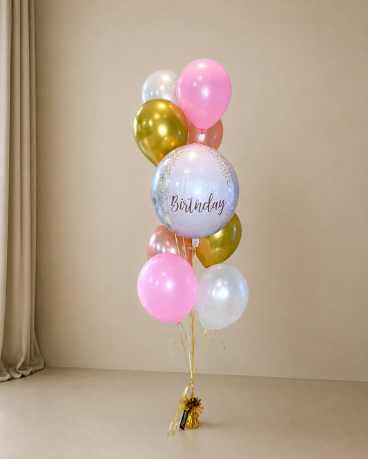 Pink and Gold Happy Birthday 8 Helium Balloon Bouquet With Weight