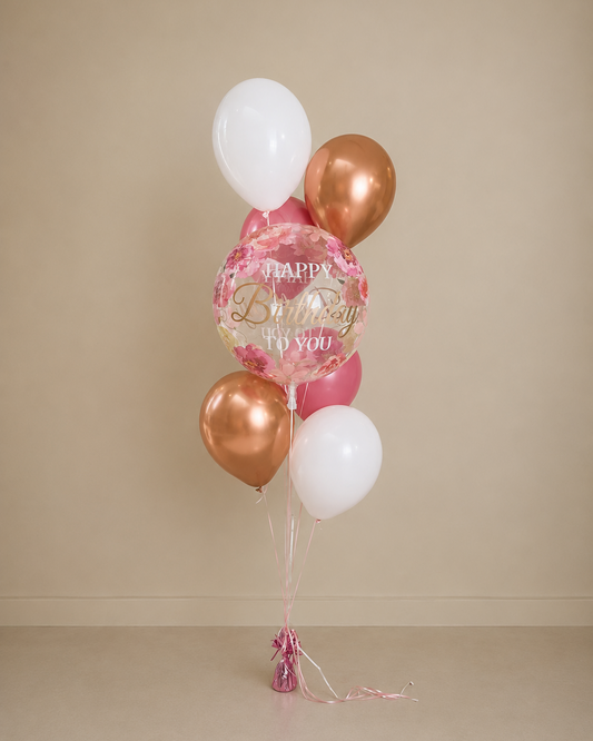 Floral And Rose Gold Happy Birthday 7 Balloon Bouquet With Helium And Weight