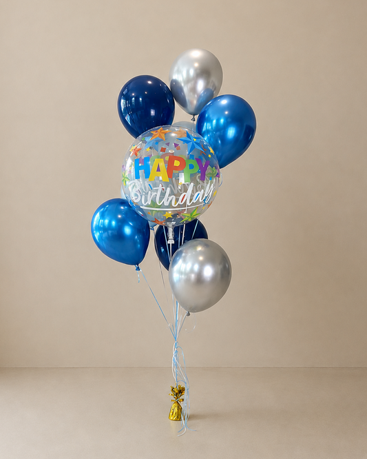 Giant Happy Birthday Clear Helium Balloon Bouquet With Blue and Silver Balloons And Weight