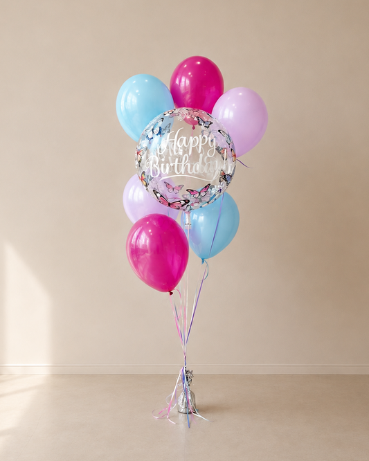 Baby Blue Pink And Purple Butterfly Happy Birthday 6 Balloon Bouquet With Helium