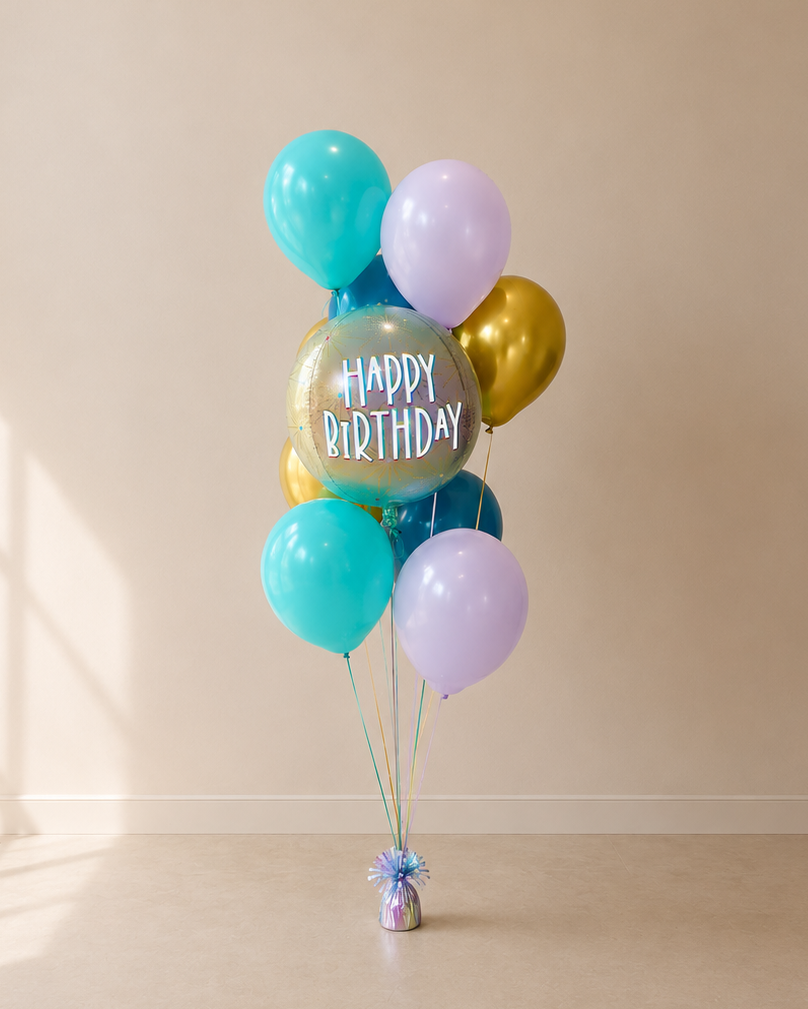Teal Gold and Lilac Happy Birthday 8 Helium Balloon Bouquet With Weight