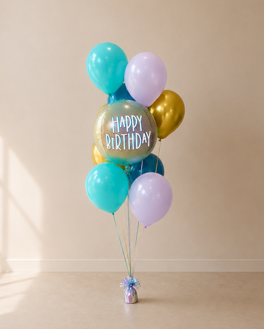 Teal Gold and Lilac Happy Birthday 8 Helium Balloon Bouquet With Weight