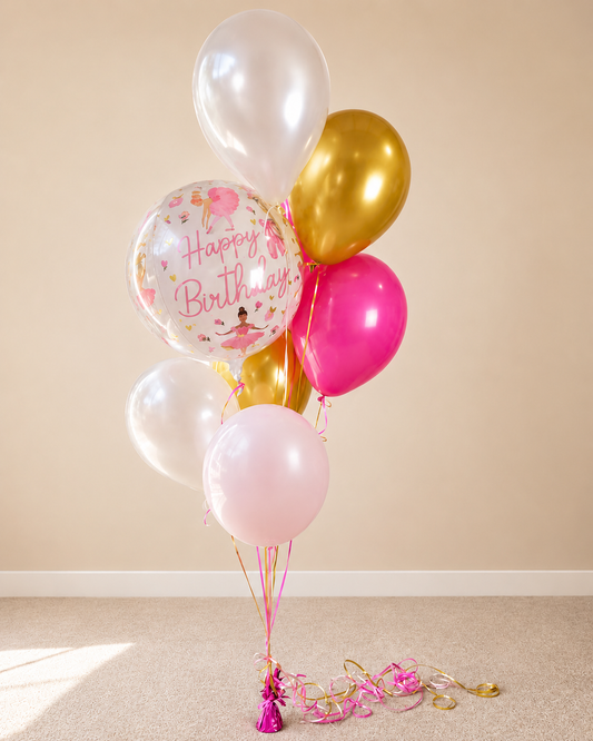 Hot Pink And Gold Ballerina 8 Balloon Bouquet With Helium