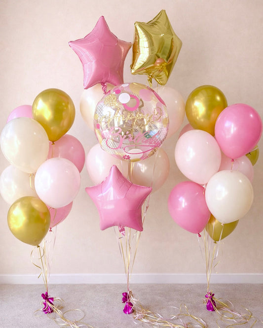Baby Pink And Gold Stars Happy Birthday Glitter Bubble Helium Balloon Bouquets With Weights