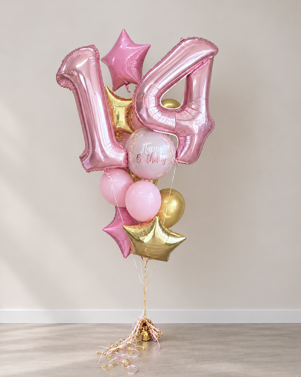 Baby Pink and Rose Gold Happy Birthday Helium Balloon Bouquet With Weight